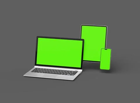 Render of laptop, tablet and smartphone with green screen on a grey background Stock Illustration