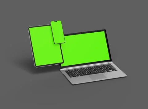 Render of laptop, tablet and smartphone with green screen on a grey background Stock Illustration