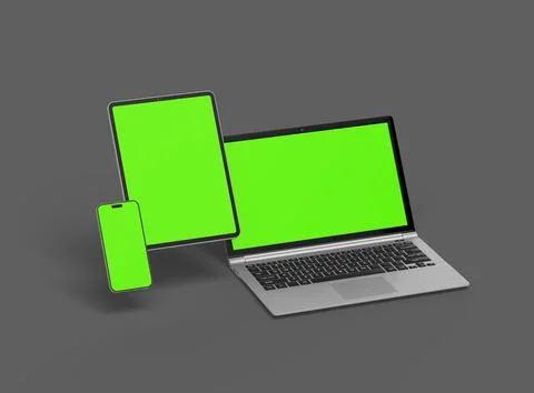 Render of laptop, tablet and smartphone with green screen on a grey background Stock Illustration