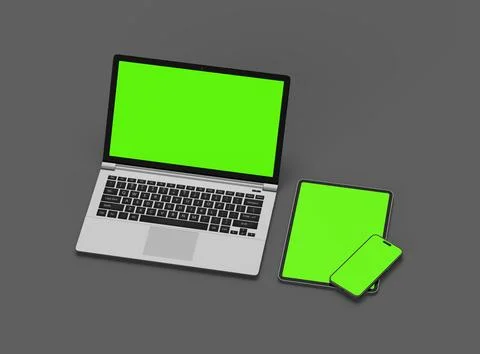 Render of laptop, tablet and smartphone with green screen on a grey background Stock Illustration