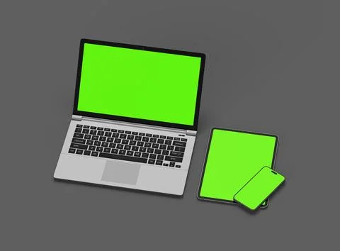 Render of laptop, tablet and smartphone with green screen on a grey background Stock Illustration