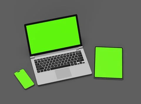 Render of laptop, tablet and smartphone with green screen on a grey background Stock Illustration