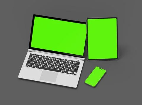 Render of laptop, tablet and smartphone with green screen on a grey background Stock Illustration