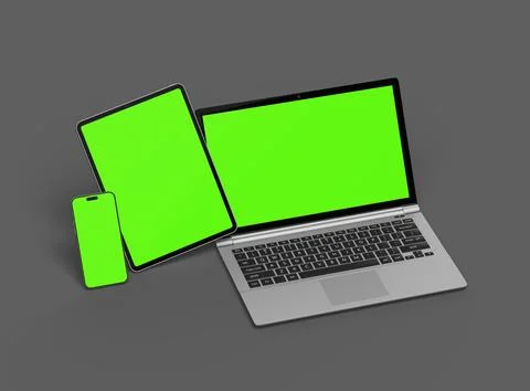 Render of laptop, tablet and smartphone with green screen on a grey background Stock Illustration