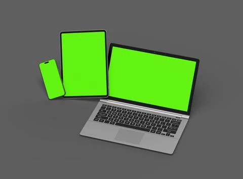 Render of laptop, tablet and smartphone with green screen on a grey background Stock Illustration