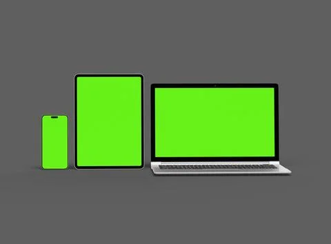 Render of laptop, tablet and smartphone with green screen on a grey background Stock Illustration