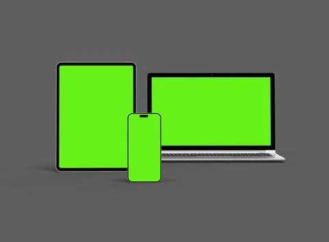 Render of laptop, tablet and smartphone with green screen on a grey background Stock Illustration