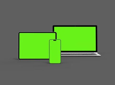 Render of laptop, tablet and smartphone with green screen on a grey background Stock Illustration