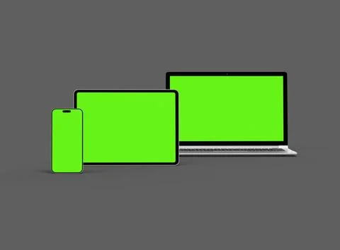 Render of laptop, tablet and smartphone with green screen on a grey background Stock Illustration