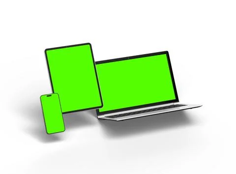 Render of laptop, tablet and smartphone with green screen on a light background Stock Illustration