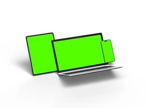 Render of laptop, tablet and smartphone with green screen on a light background Stock Illustration