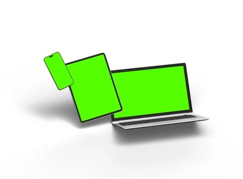 Render of laptop, tablet and smartphone with green screen on a light background Stock Illustration