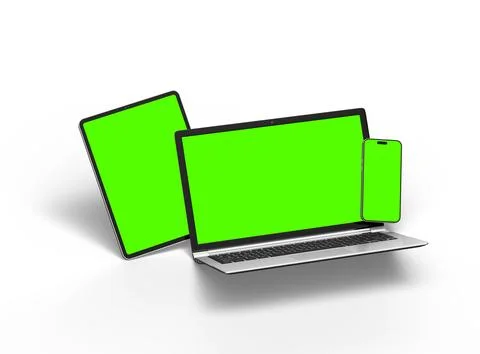 Render of laptop, tablet and smartphone with green screen on a light background Stock Illustration
