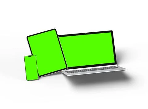 Render of laptop, tablet and smartphone with green screen on a light background Stock Illustration