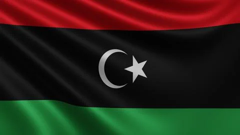 Render of the Libya flag flutters in the wind close-up, the national flag of Stock Illustration