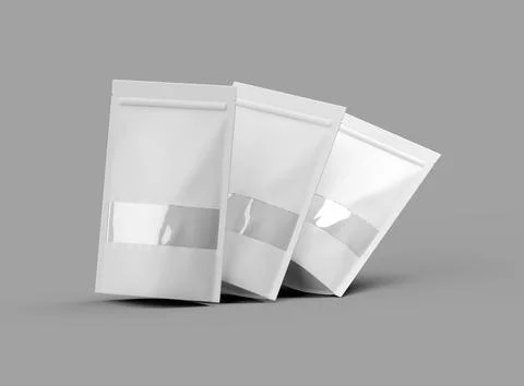 Render of a long glossy doypack with the window hole on a light background Stock Illustration