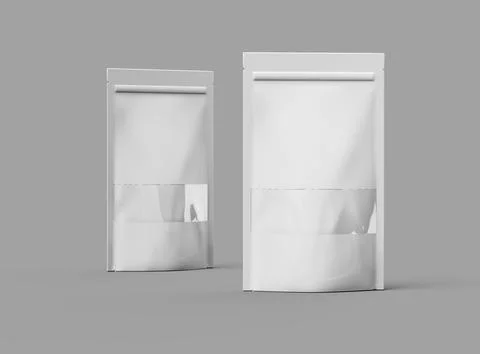 Render of a long glossy doypack with the window hole on a light background Illustrazione stock