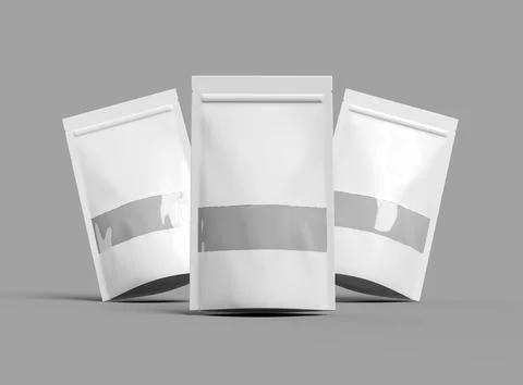 Render of a long glossy doypack with the window hole on a light background Stock Illustration