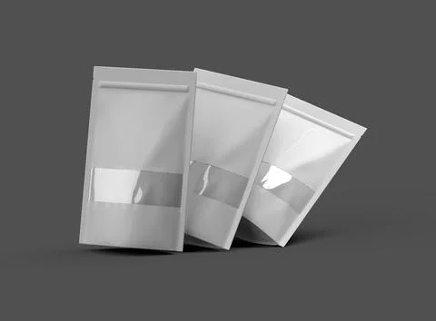 Render of a long glossy doypack with the window hole on a dark background Stock Illustration