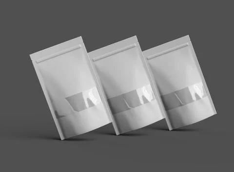 Render of a long glossy doypack with the window hole on a dark background Stock Illustration