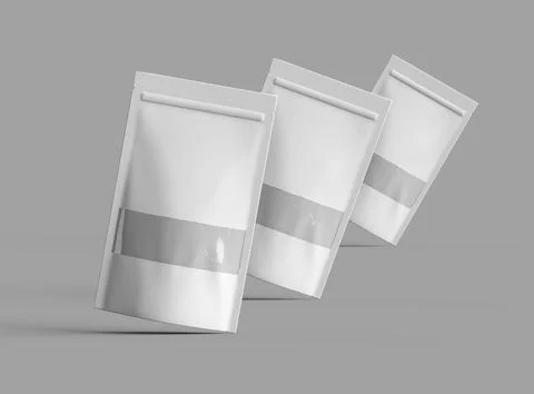 Render of a long glossy doypack with the window hole on a light background Stock Illustration