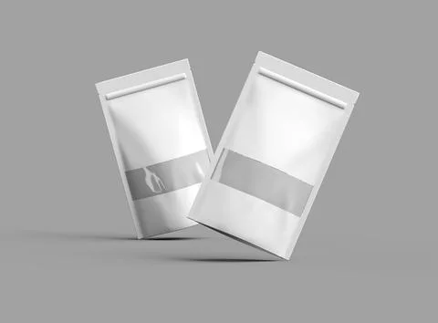 Render of a long glossy doypack with the window hole on a light background Stock-Illustration