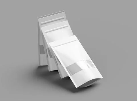 Render of a long glossy doypack with the window hole on a light background Stock Illustration