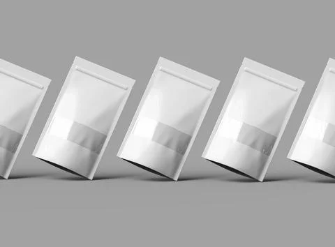 Render of a long glossy doypack with the window hole on a light background Stock Illustration