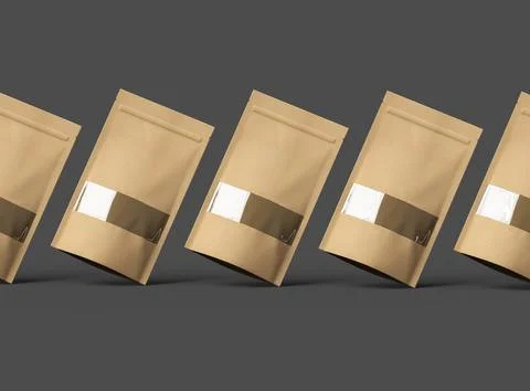 Render of a long paper doypack with the window hole on a dark background Stock Illustration
