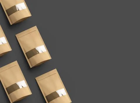 Render of a long paper doypack with the window hole on a dark background Stock Illustration