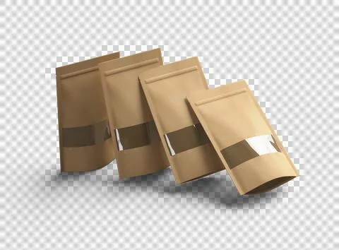 Render of a long paper doypack with the window hole on a transparent background Stock Illustration