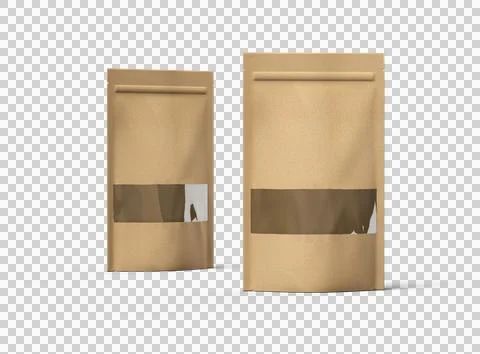 Render of a long paper doypack with the window hole on a transparent background Stock Illustration