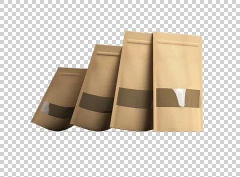 Render of a long paper doypack with the window hole on a transparent background Stock Illustration