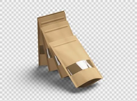 Render of a long paper doypack with the window hole on a transparent background Stock Illustration