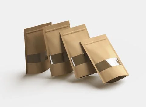 Render of a long paper doypack with the window hole on a light background Illustrazione stock