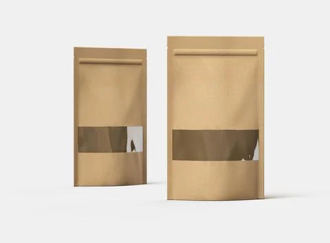 Render of a long paper doypack with the window hole on a light background Stock-Illustration
