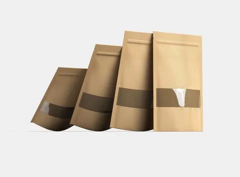Render of a long paper doypack with the window hole on a light background Stock Illustration