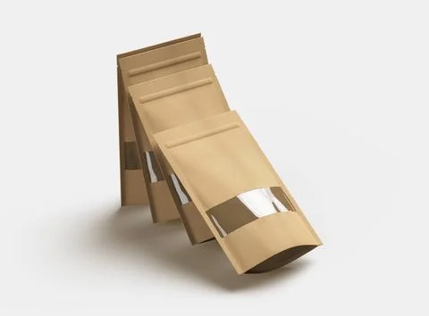 Render of a long paper doypack with the window hole on a light background Stock Illustration