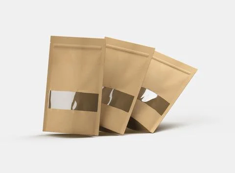 Render of a long paper doypack with the window hole on a light background Stock Illustration
