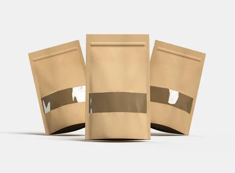 Render of a long paper doypack with the window hole on a light background Stock Illustration