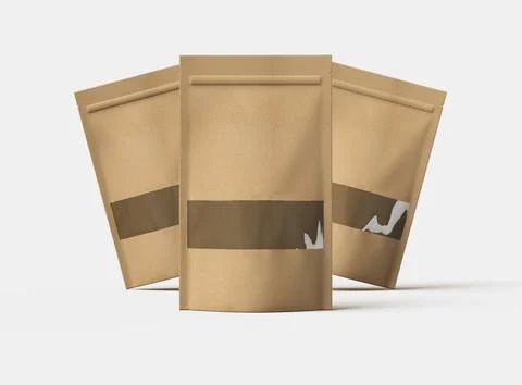 Render of a long paper doypack with the window hole on a light background Stock Illustration