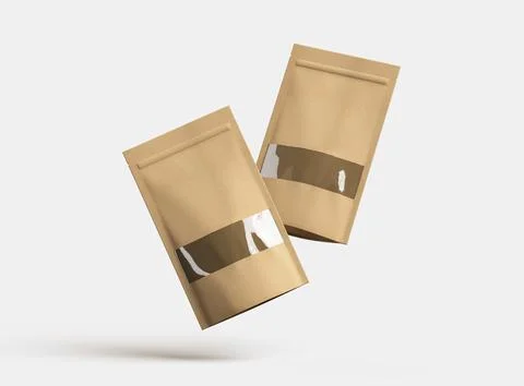 Render of a long paper doypack with the window hole on a light background Stock Illustration