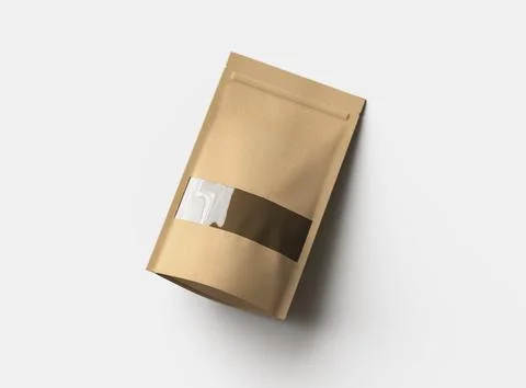 Render of a long paper doypack with the window hole on a light background Stock Illustration