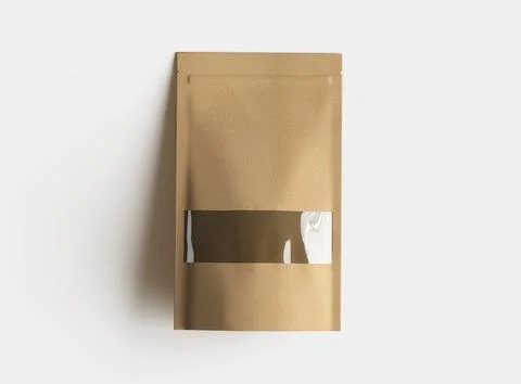 Render of a long paper doypack with the window hole on a light background Stock Illustration