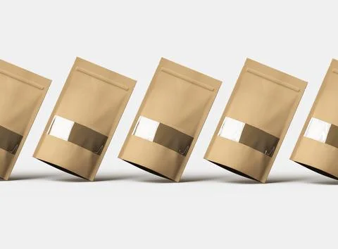 Render of a long paper doypack with the window hole on a light background Stock Illustration