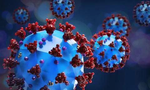 Render of the low poly coronavirus model on a blue background. Stock Illustration