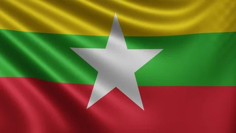 Render of the Myanmar flag flutters in the wind close-up, the national flag of Stock Illustration