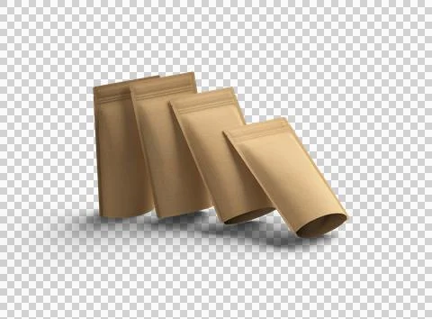 Render of a narrow paper doy-pack packaging with a zipper on a transparent .. Stock Illustration