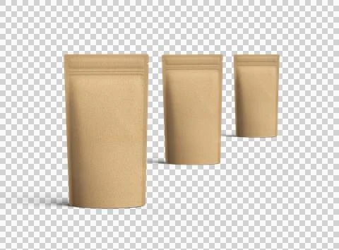 Render of a narrow paper doy-pack packaging with a zipper on a transparent .. Stock Illustration