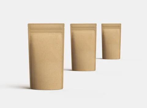 Render of a narrow paper doy-pack packaging with a zipper on a light backgrou Stock-Illustration